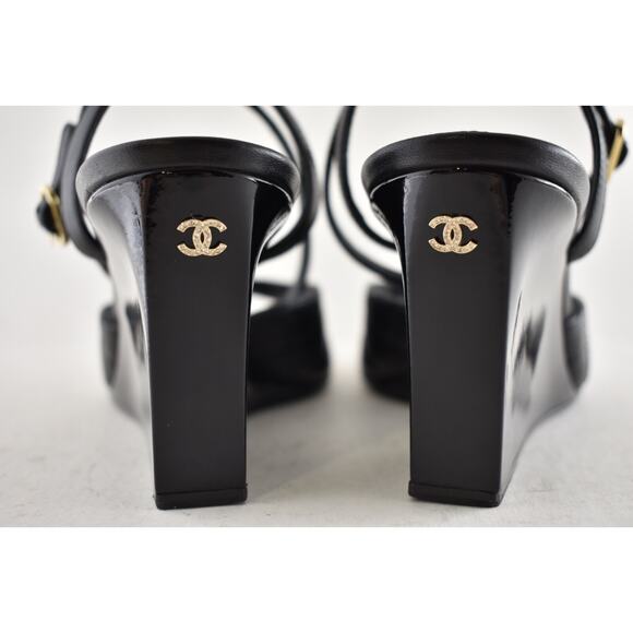 Chanel 24C Black Quilted Lambskin CC Crystal Logo Ankle Strap Sandal Wedge 38 - Picture 13 of 16